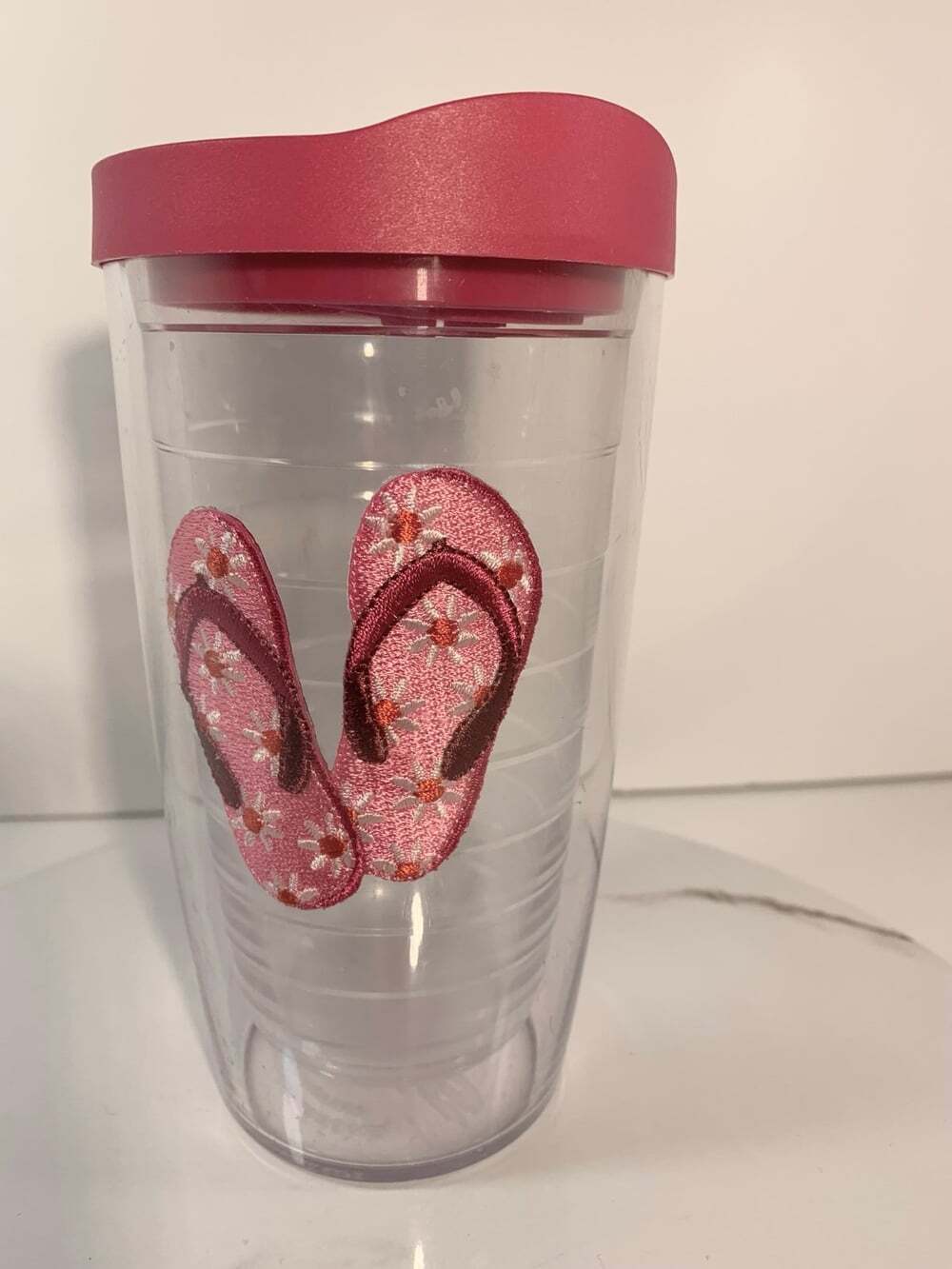 Tervis Tumbler 16oz. Hot/Cold Pink Floral Flip Flops Embroidered Patch Clear